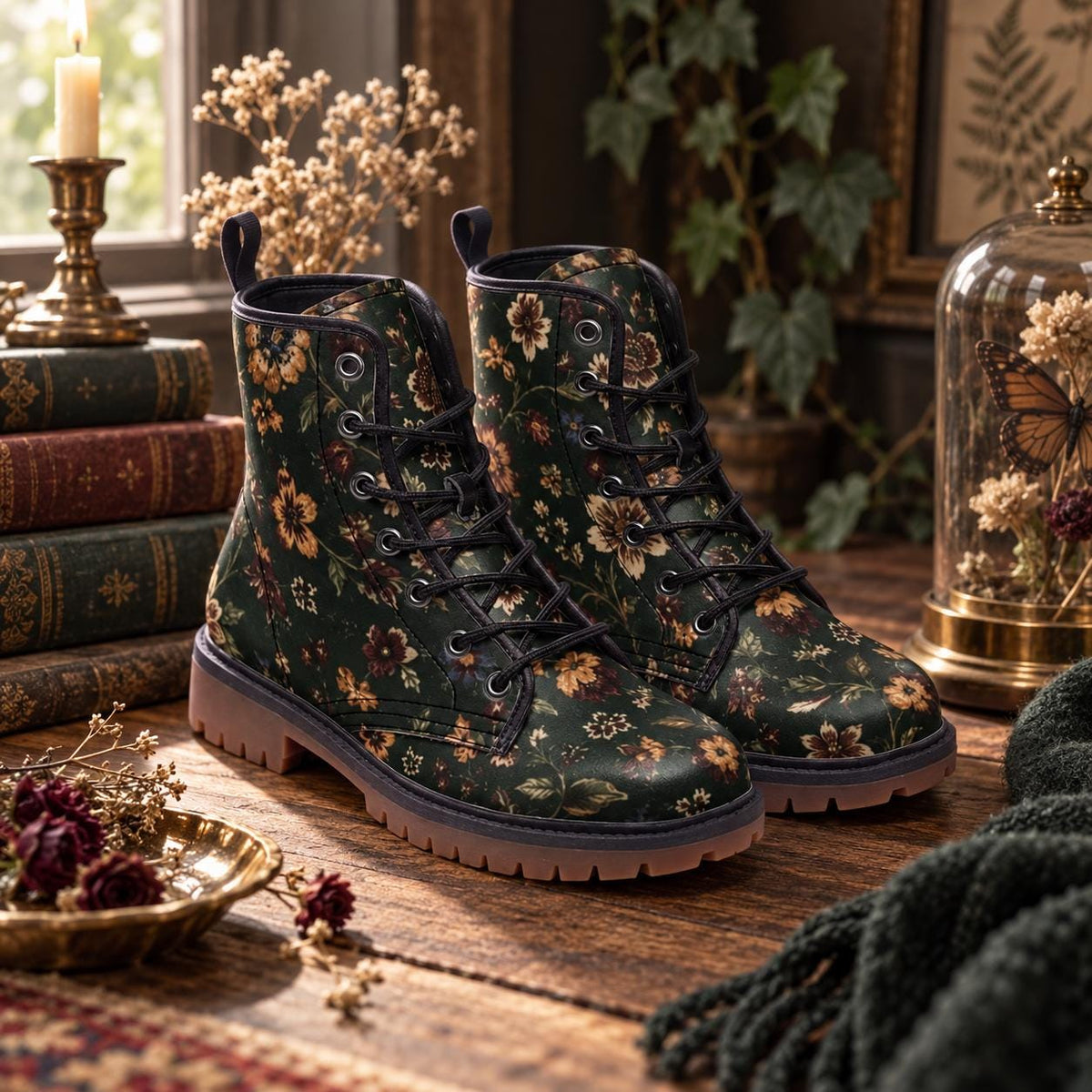 Dark Wildflower Combat Boots, Rust Floral Lace Up Ankle Boots