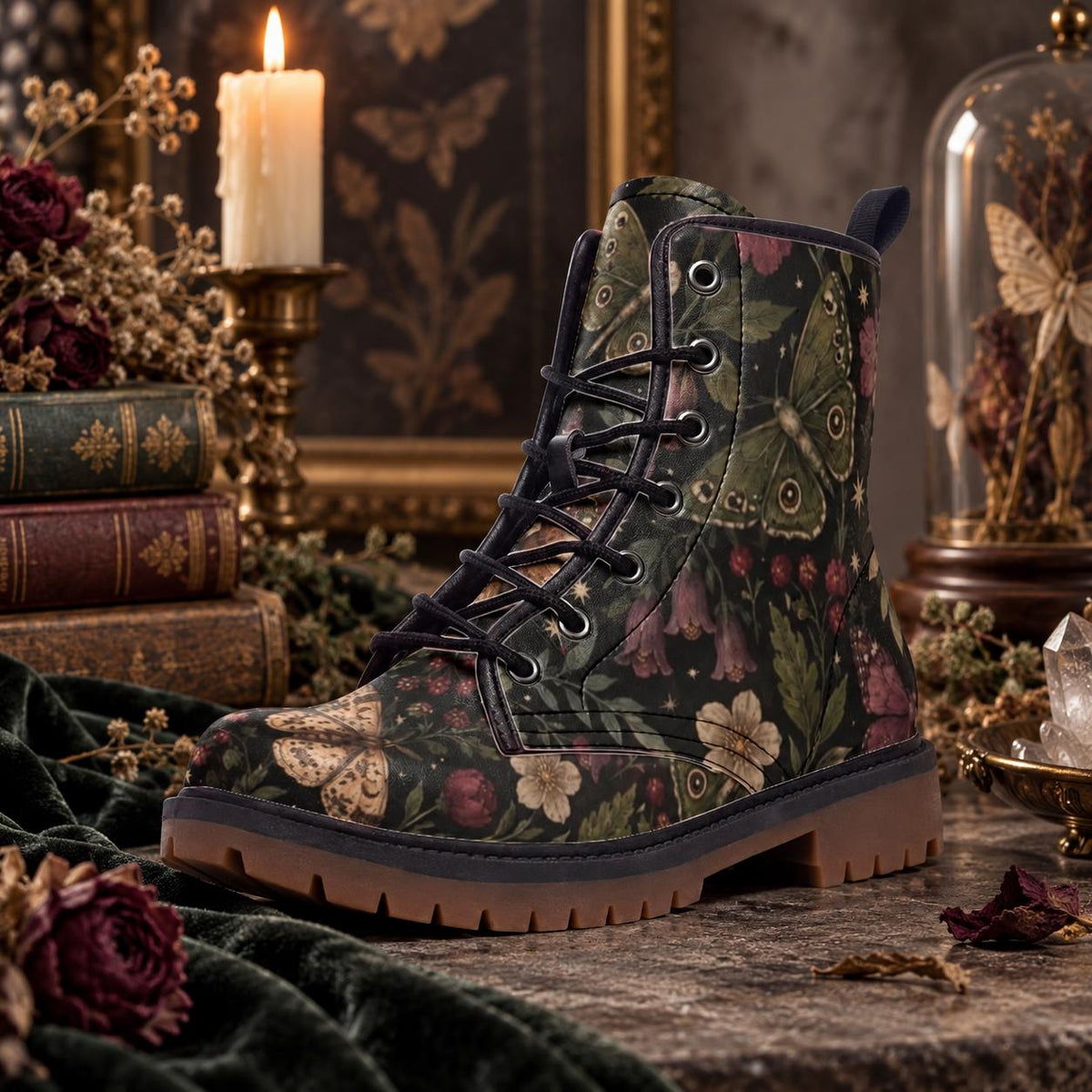 Moth and Rose Combat Boots, Dark Botanical Lace Up Ankle Boots
