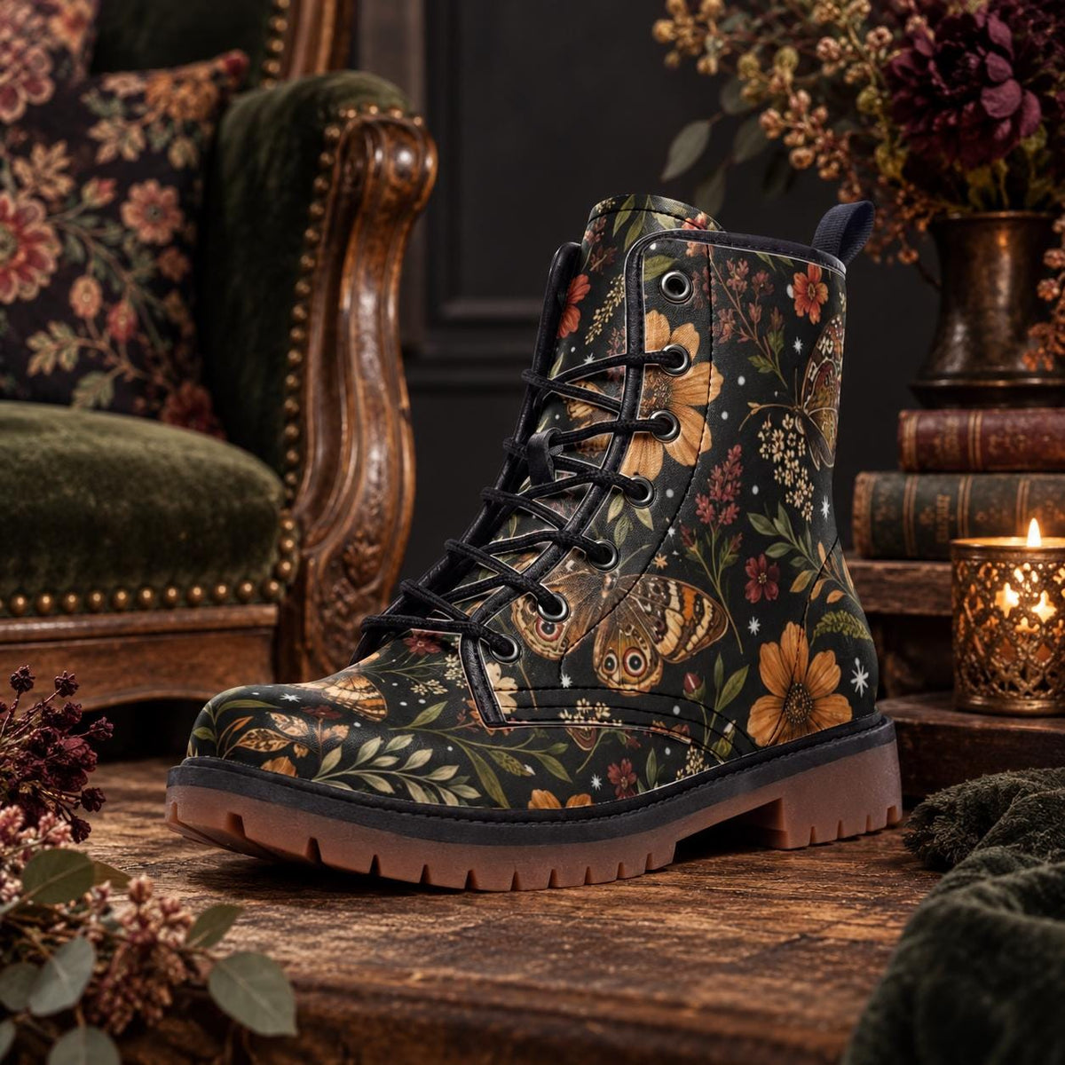 Whimsigoth Moth Floral Lace Up Boots, Dark Botanical Chunky Sole Ankle Shoes