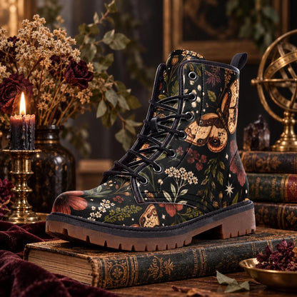 Moth Ankle Boots With Lace Up Front, Dark Botanical Floral Print