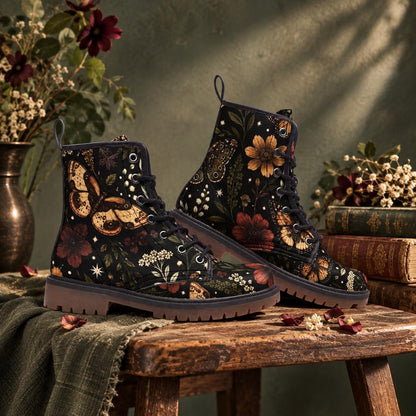 Moth Ankle Boots With Lace Up Front, Dark Botanical Floral Print