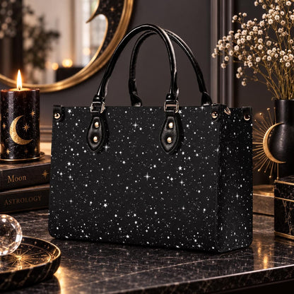 Starry Night Handbag, Black Celestial Crossbody Bag With Silver Stars