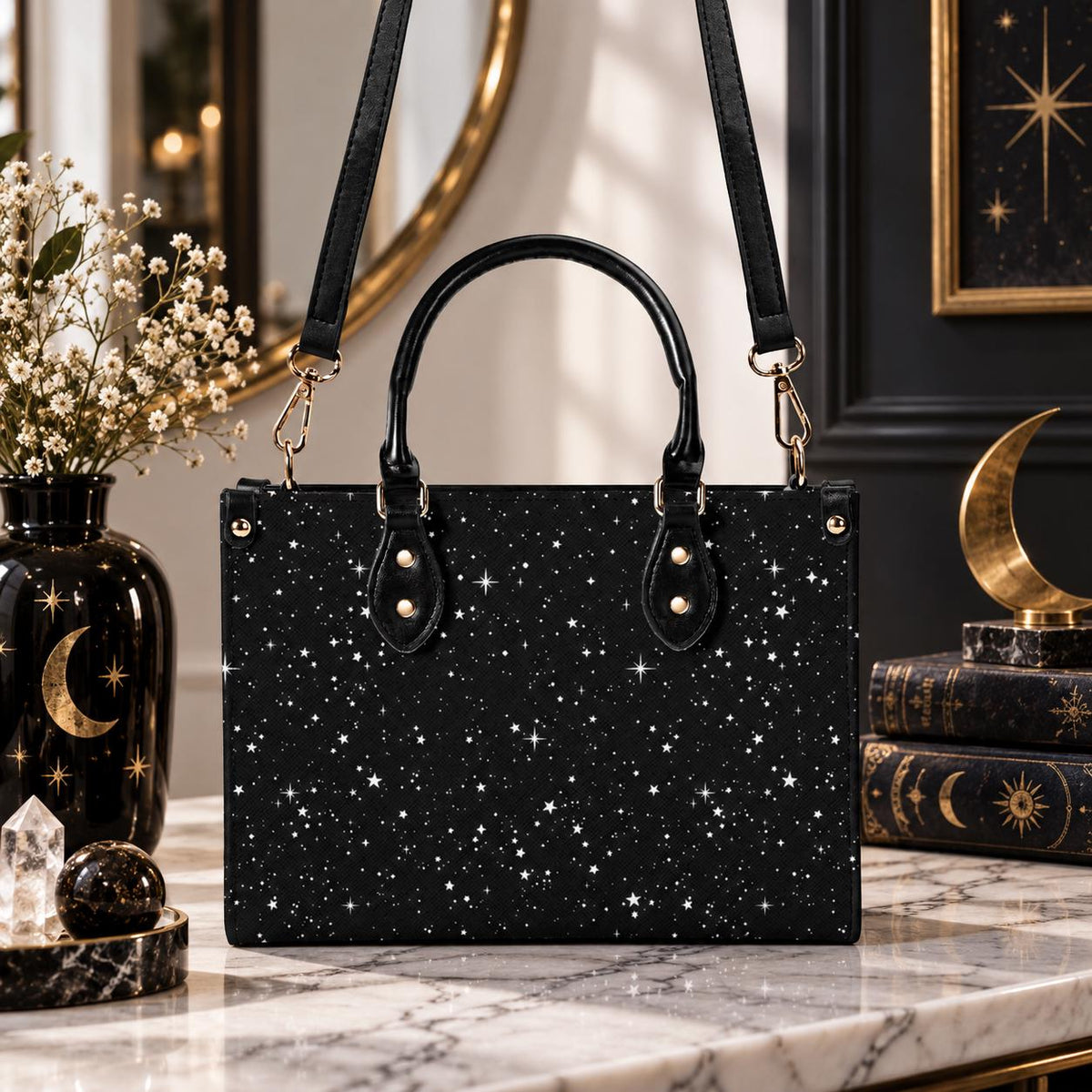 Starry Night Handbag, Black Celestial Crossbody Bag With Silver Stars