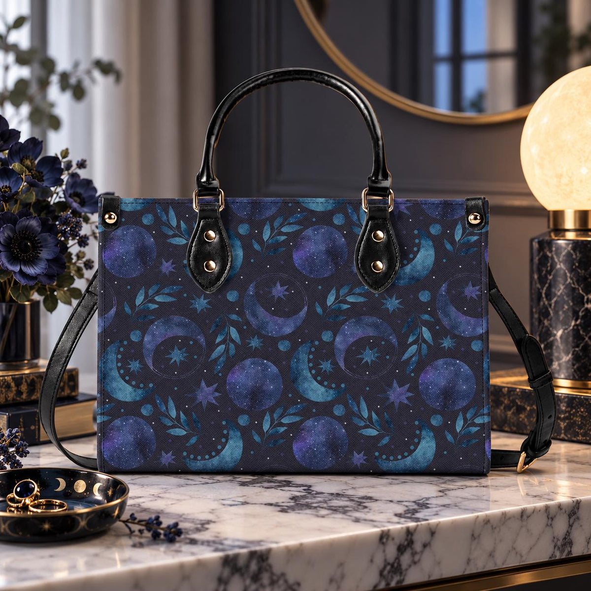 Celestial Crescent Moon Handbag with Blue Stars and Crossbody Strap
