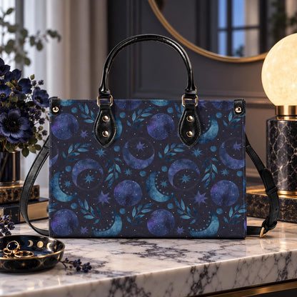 Celestial Crescent Moon Handbag with Blue Stars and Crossbody Strap