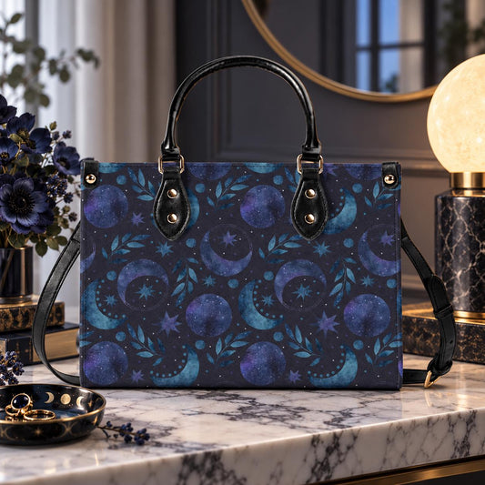 Celestial Crescent Moon Handbag with Blue Stars and Crossbody Strap