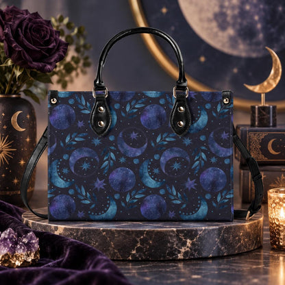 Celestial Crescent Moon Handbag with Blue Stars and Crossbody Strap