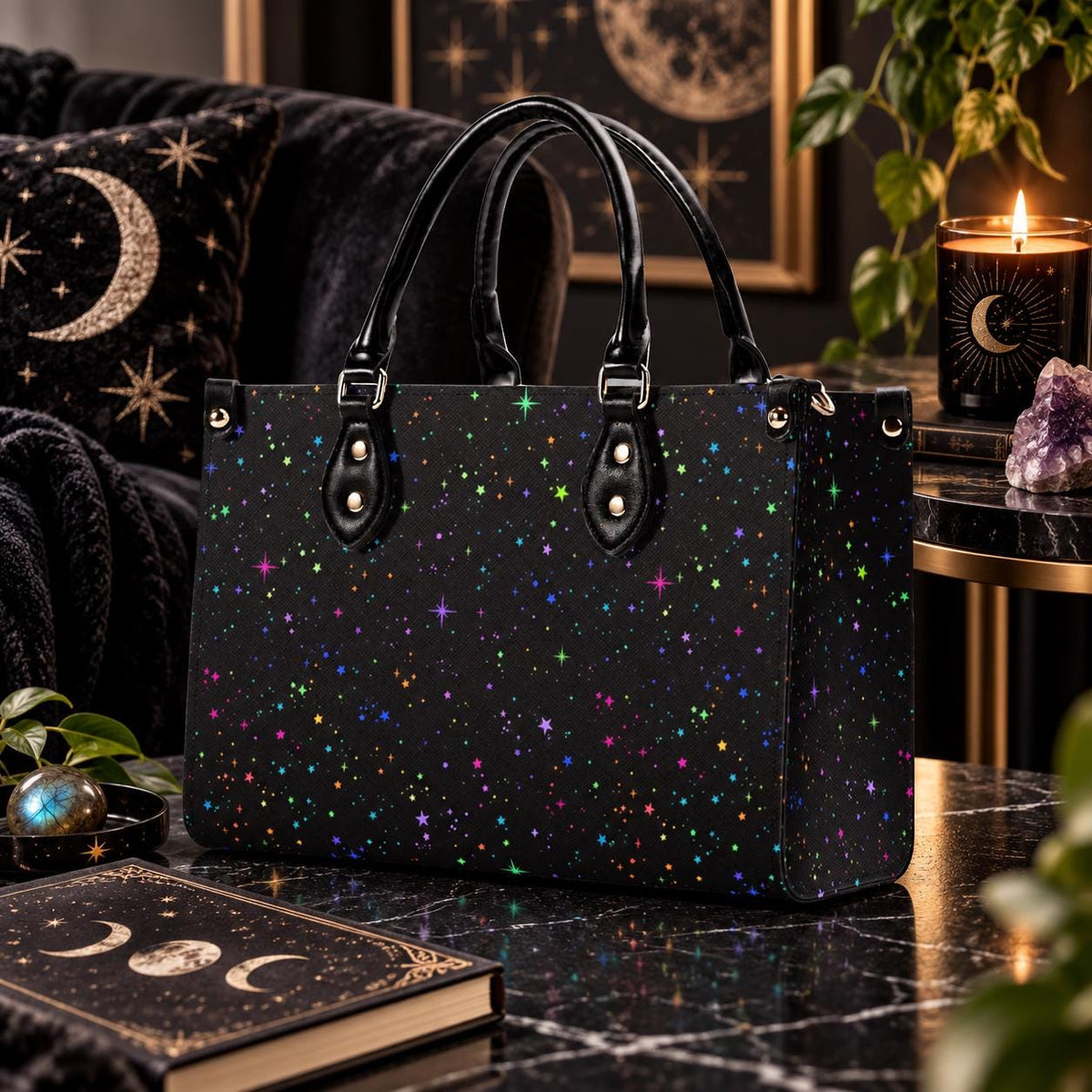 Star Speckled Top Handle Handbag with Detachable Crossbody Strap