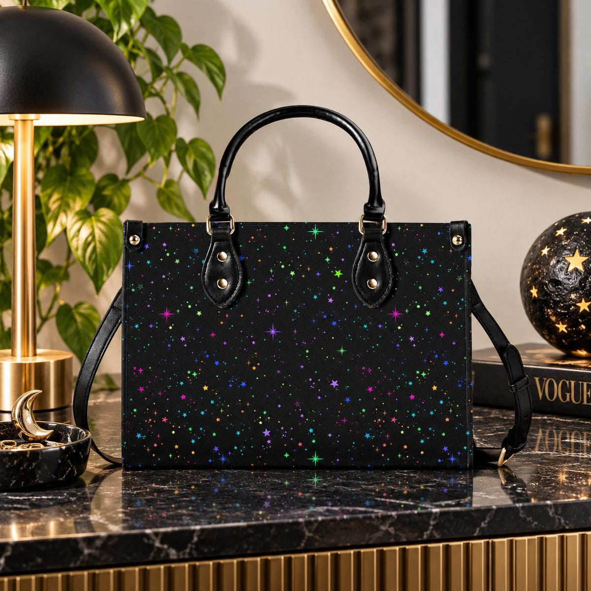 Star Speckled Top Handle Handbag with Detachable Crossbody Strap