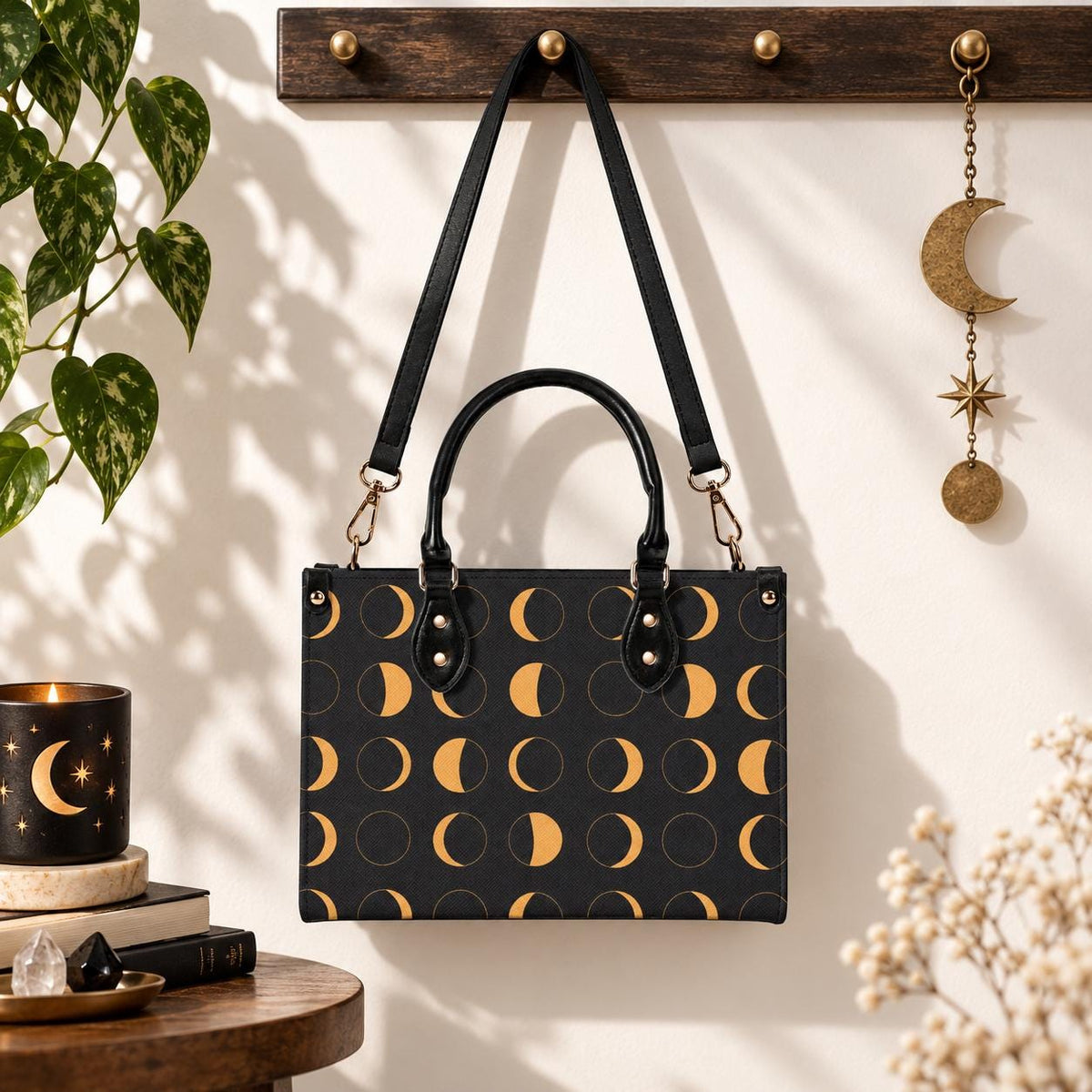 Moon Phase Handbag with Warm Gold Crescents and Crossbody Strap