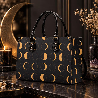 Moon Phase Handbag with Warm Gold Crescents and Crossbody Strap