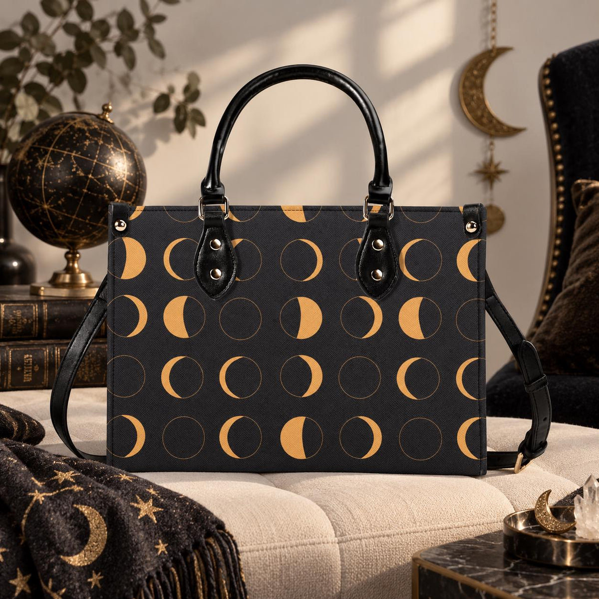 Moon Phase Handbag with Warm Gold Crescents and Crossbody Strap
