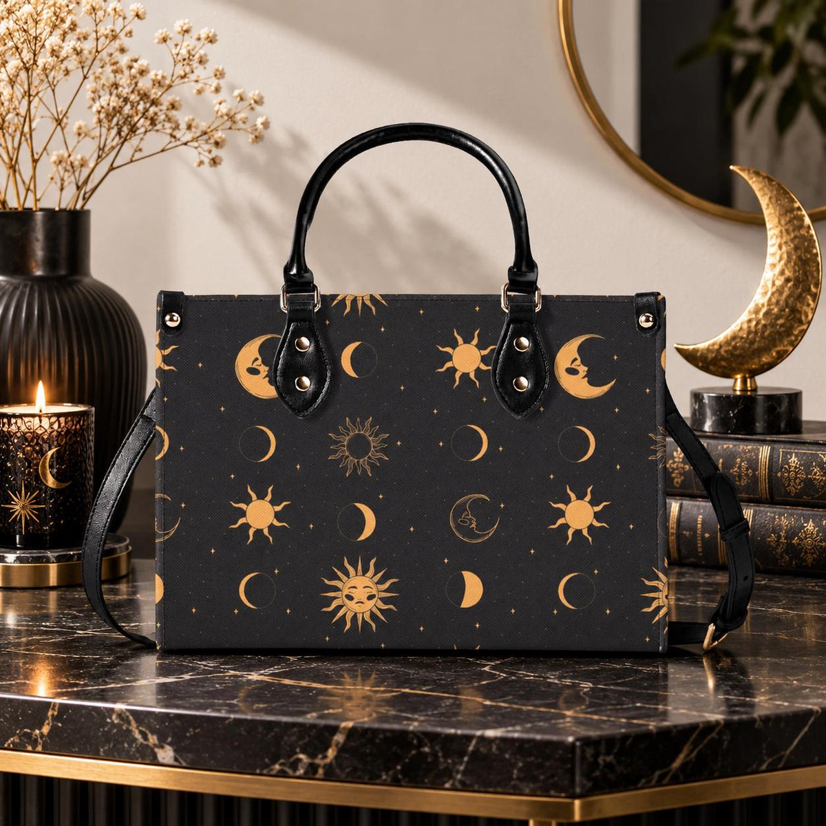 Celestial Sun and Moon Handbag with Top Handles and Crossbody Strap