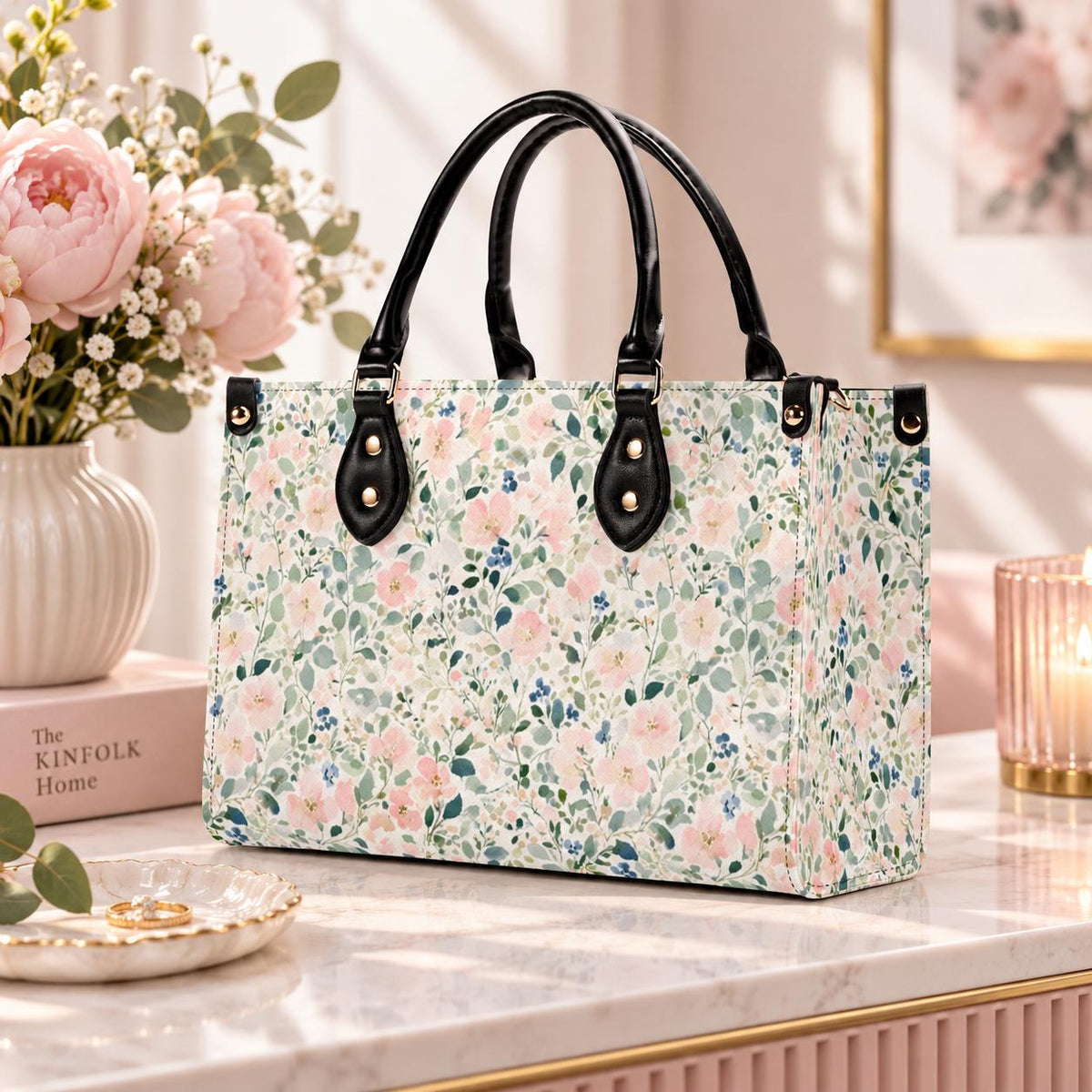 Romantic Floral Top Handle Handbag with Blush Blossoms and Crossbody Strap