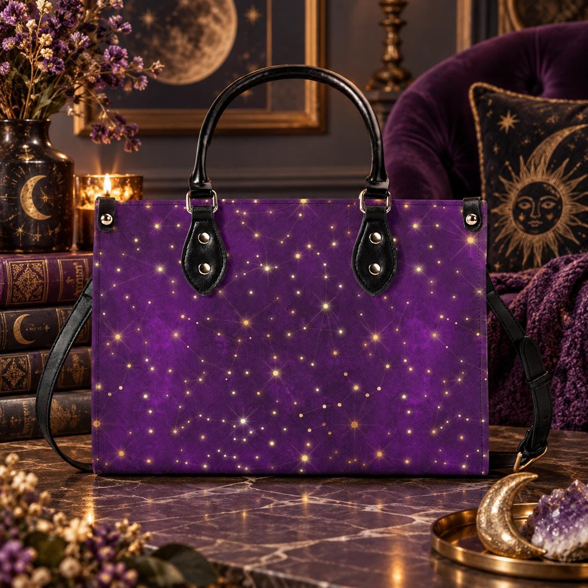 Whimsigoth Starry Sky Handbag, Purple Top Handle Crossbody Bag