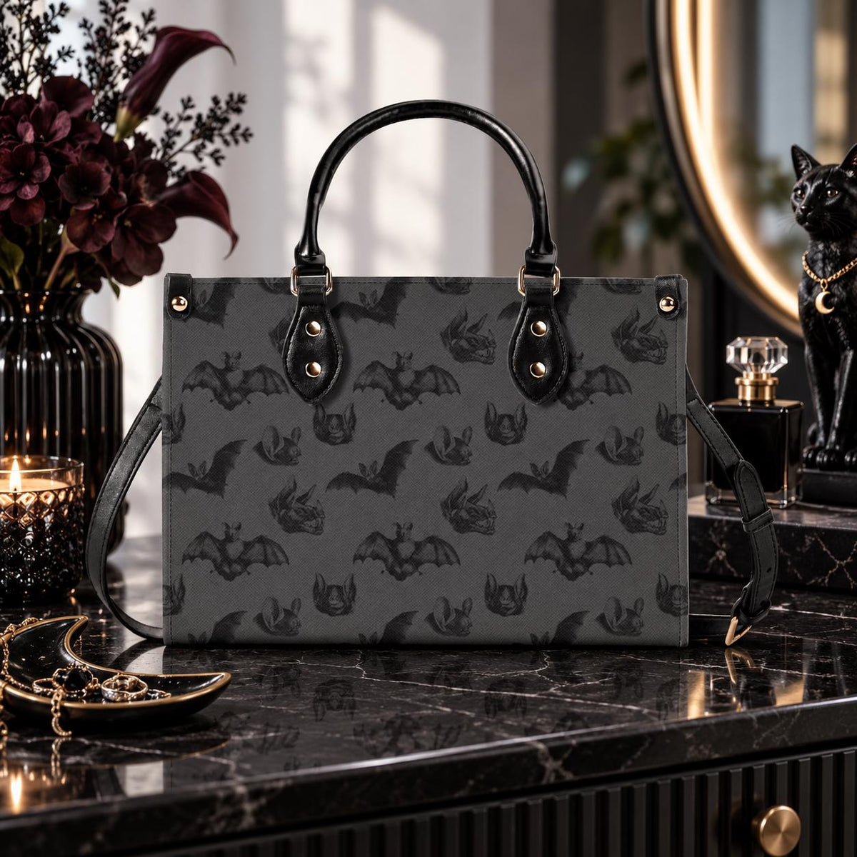 Bat Print Handbag, Gray Gothic Top Handle Crossbody Purse