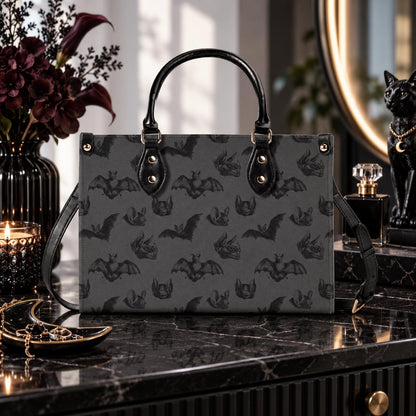 Bat Print Handbag, Gray Gothic Top Handle Crossbody Purse