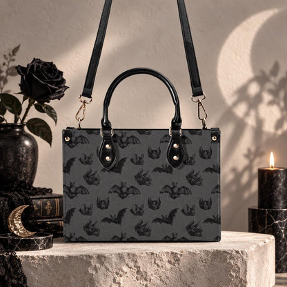 Bat Print Handbag, Gray Gothic Top Handle Crossbody Purse