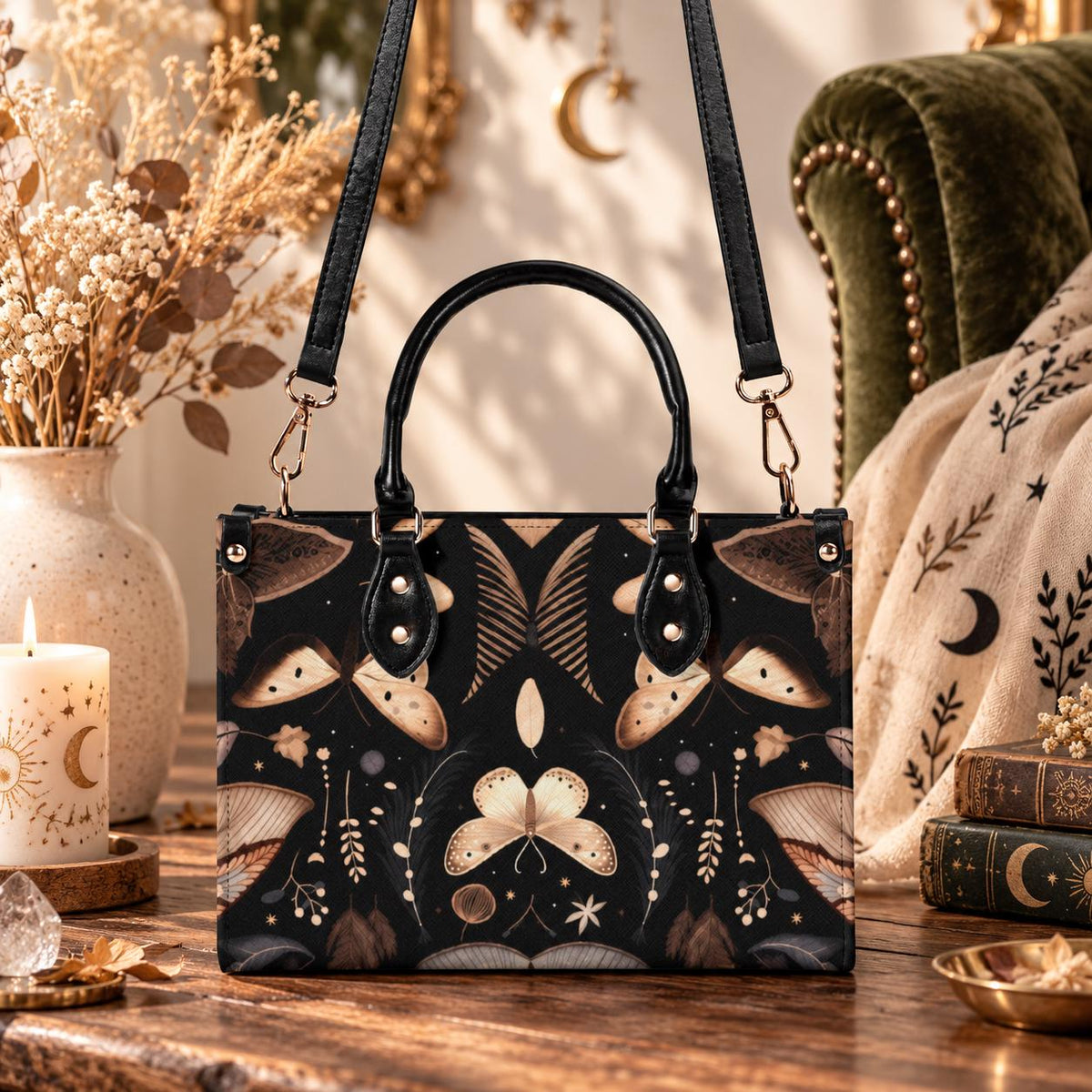 Whimsigoth Moth Print Top Handle Crossbody Bag, Botanical Butterfly Handbag