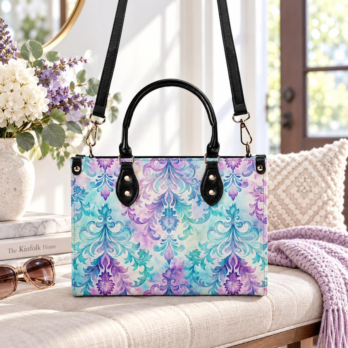 Ornate Damask Bag, Pastel Lavender Turquoise Top Handle Crossbody Purse