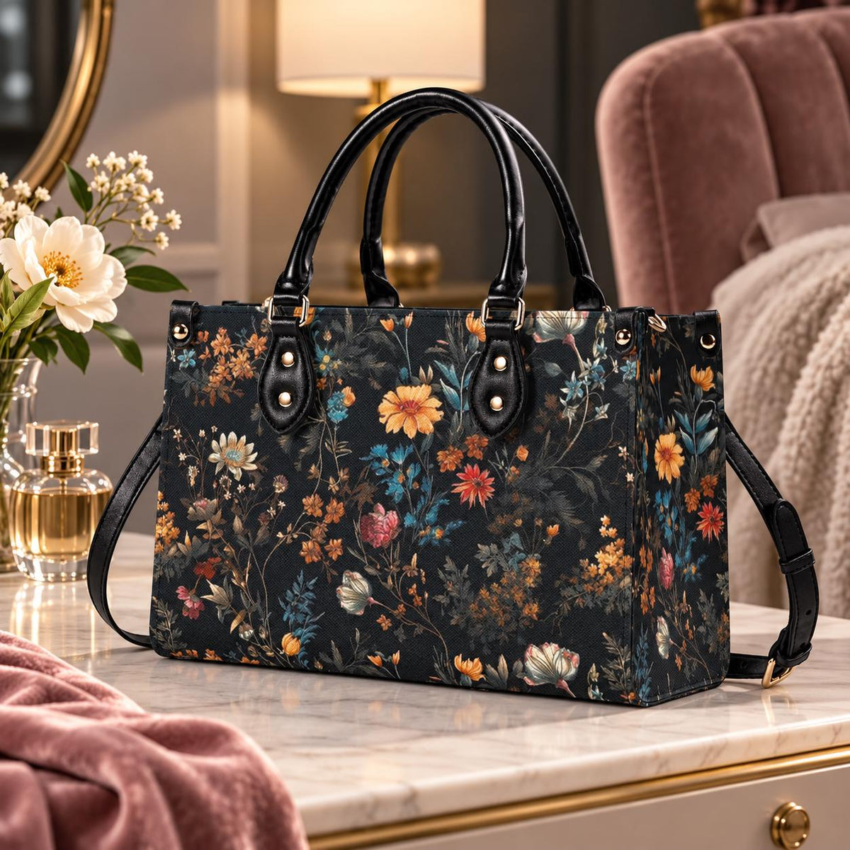 Wildflower Handbag, Dark Botanical Top Handle Crossbody Purse