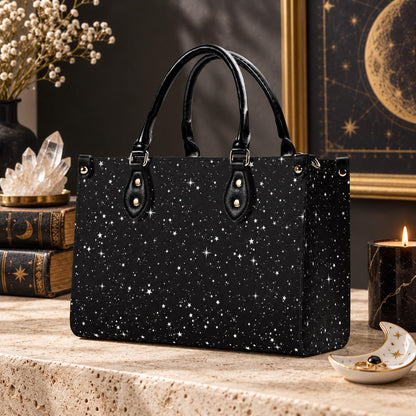 Starry Night Handbag, Black Celestial Crossbody Bag With Silver Stars