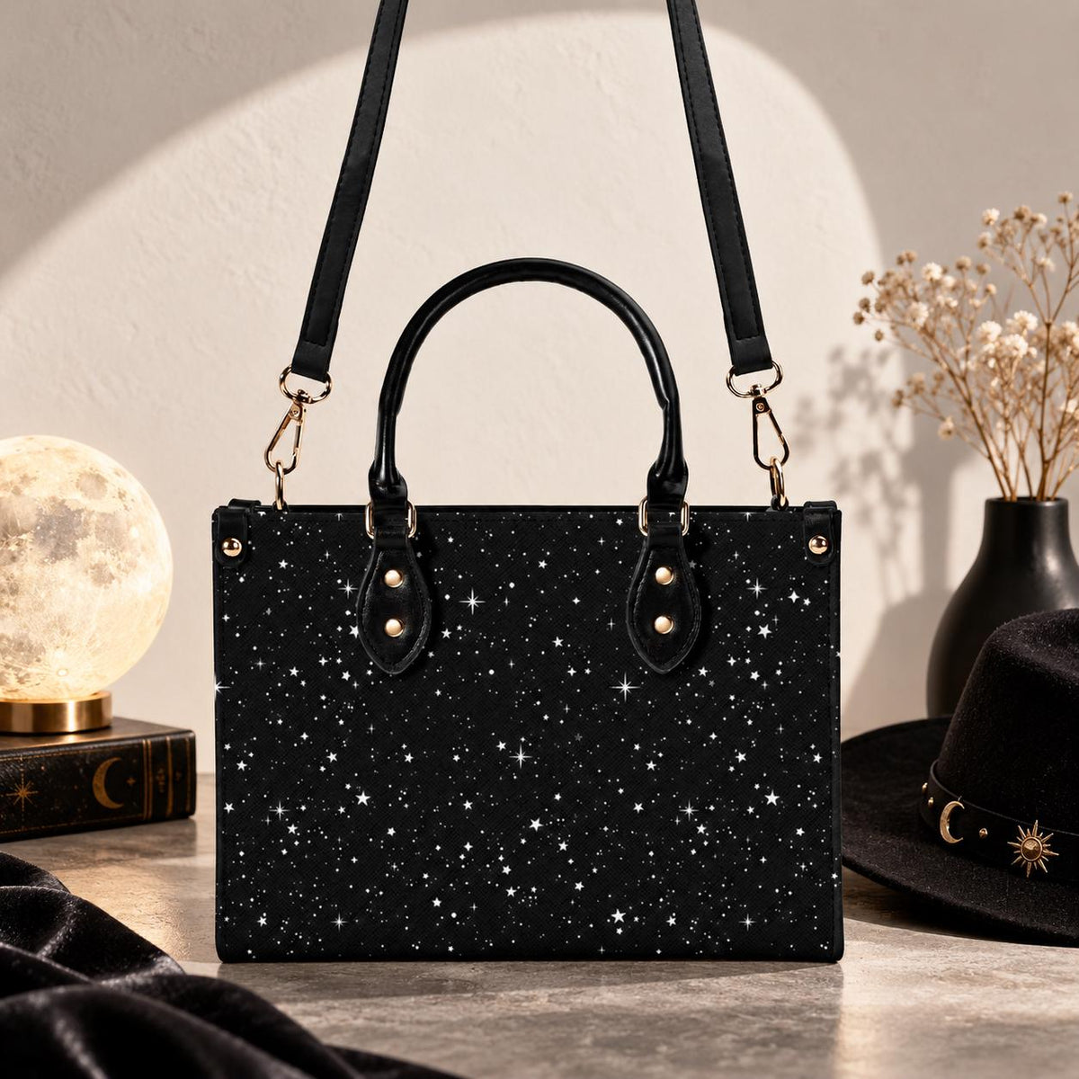 Starry Night Handbag, Black Celestial Crossbody Bag With Silver Stars