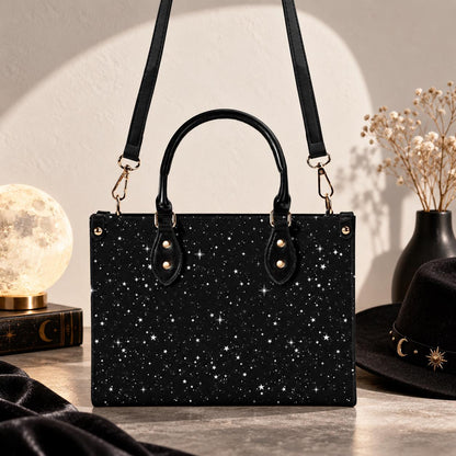 Starry Night Handbag, Black Celestial Crossbody Bag With Silver Stars