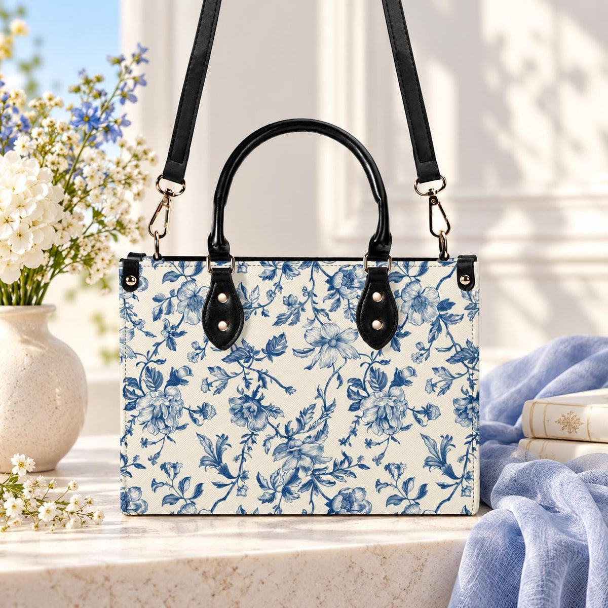 Chinoiserie Floral Vine Top Handle Crossbody Bag, Cobalt Blue Botanical Purse