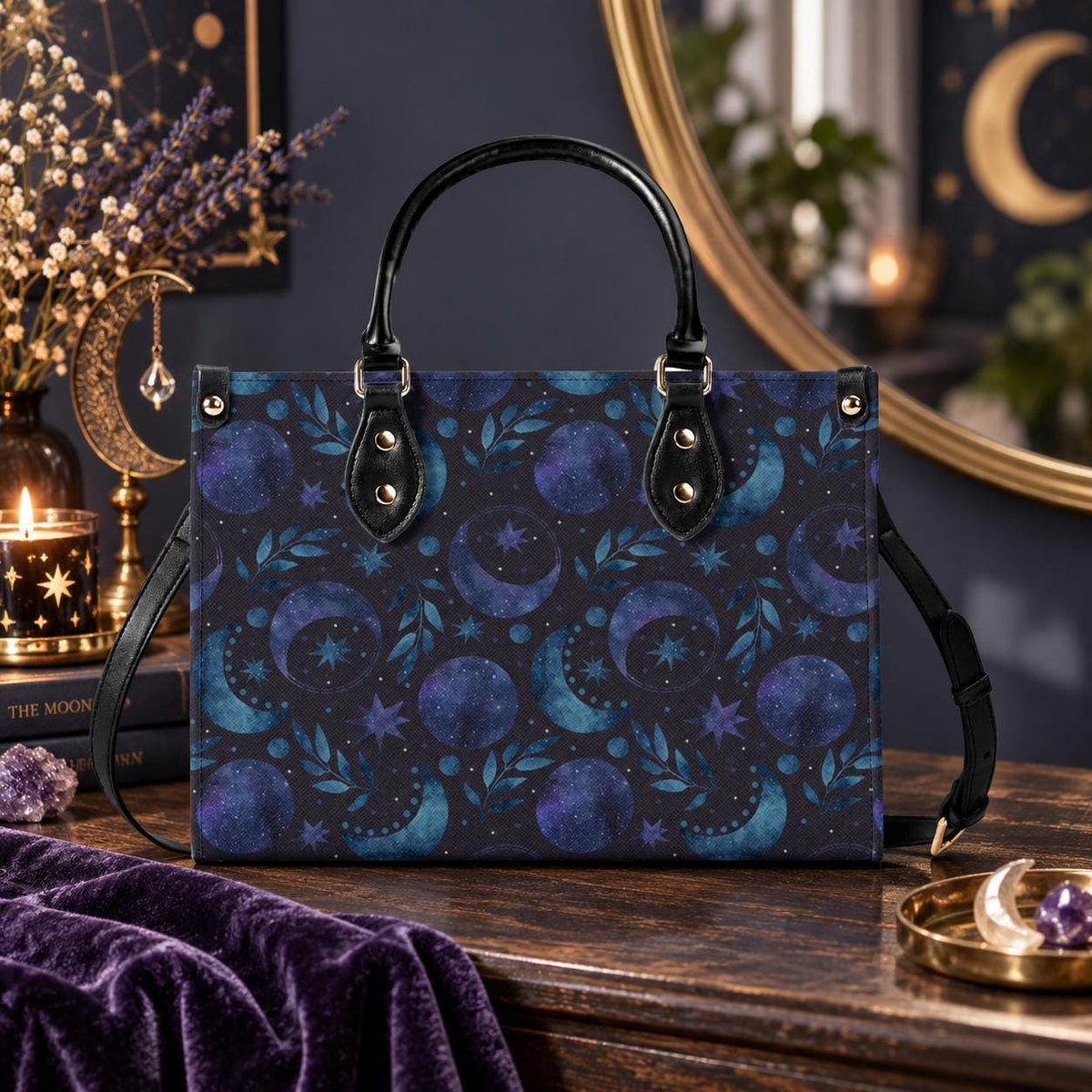 Celestial Crescent Moon Handbag with Blue Stars and Crossbody Strap