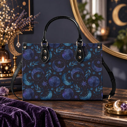 Celestial Crescent Moon Handbag with Blue Stars and Crossbody Strap