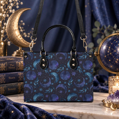 Celestial Crescent Moon Handbag with Blue Stars and Crossbody Strap