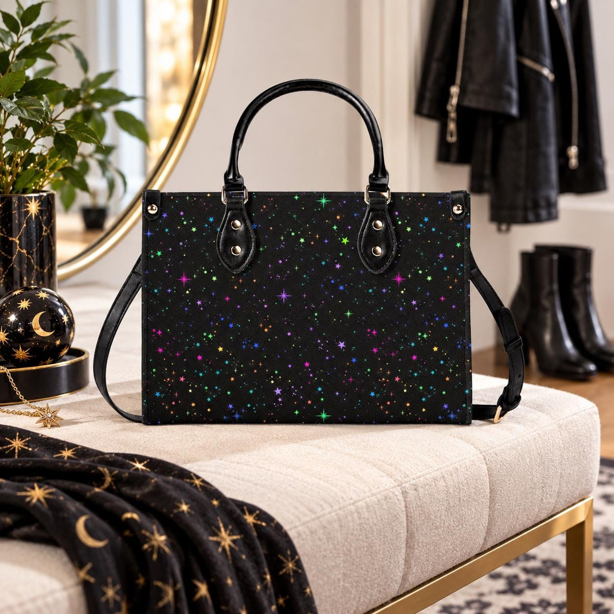 Star Speckled Top Handle Handbag with Detachable Crossbody Strap