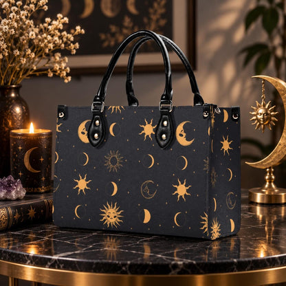 Celestial Sun and Moon Handbag with Top Handles and Crossbody Strap