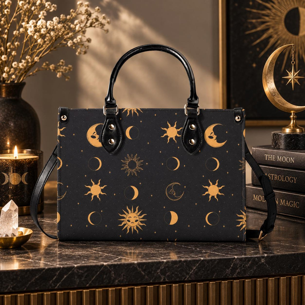 Celestial Sun and Moon Handbag with Top Handles and Crossbody Strap