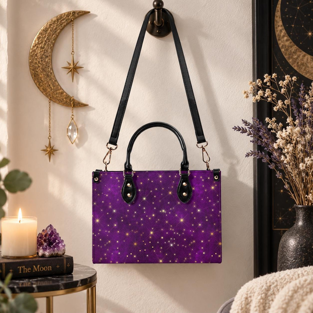 Whimsigoth Starry Sky Handbag, Purple Top Handle Crossbody Bag