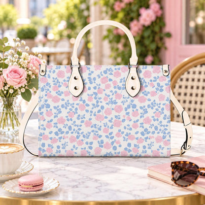 Romantic Ditsy Floral Handbag with Pink and Blue Blossoms and Crossbody Strap
