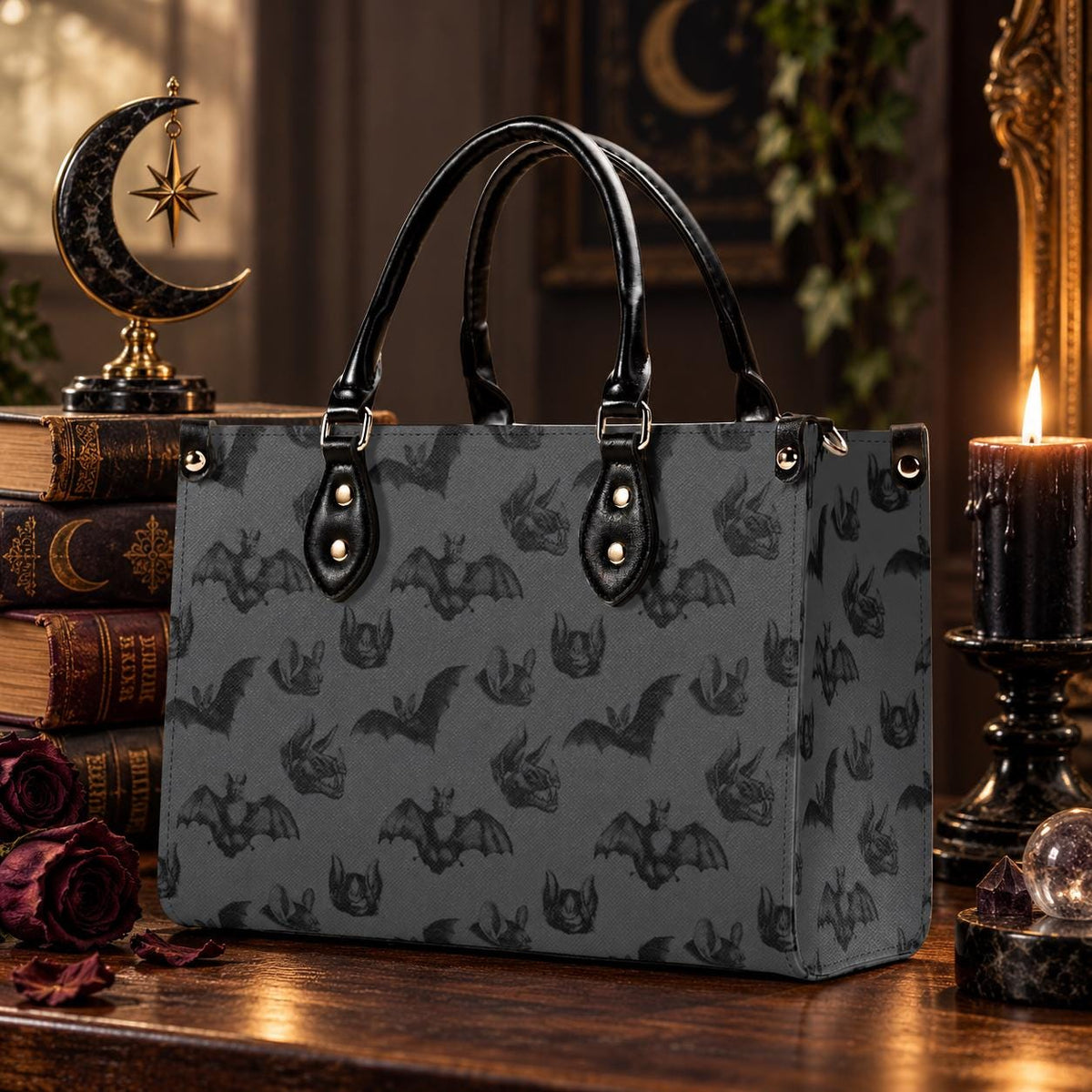 Bat Print Handbag, Gray Gothic Top Handle Crossbody Purse