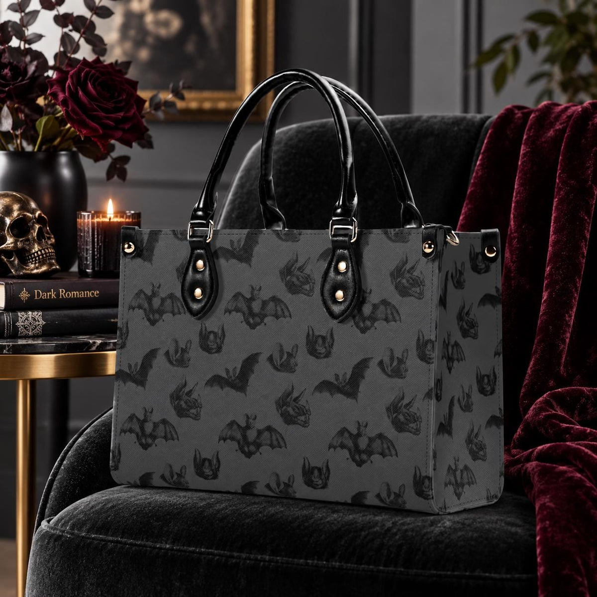 Bat Print Handbag, Gray Gothic Top Handle Crossbody Purse