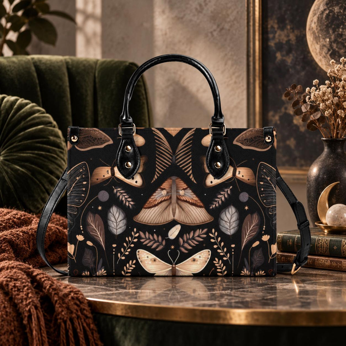Whimsigoth Moth Print Top Handle Crossbody Bag, Botanical Butterfly Handbag