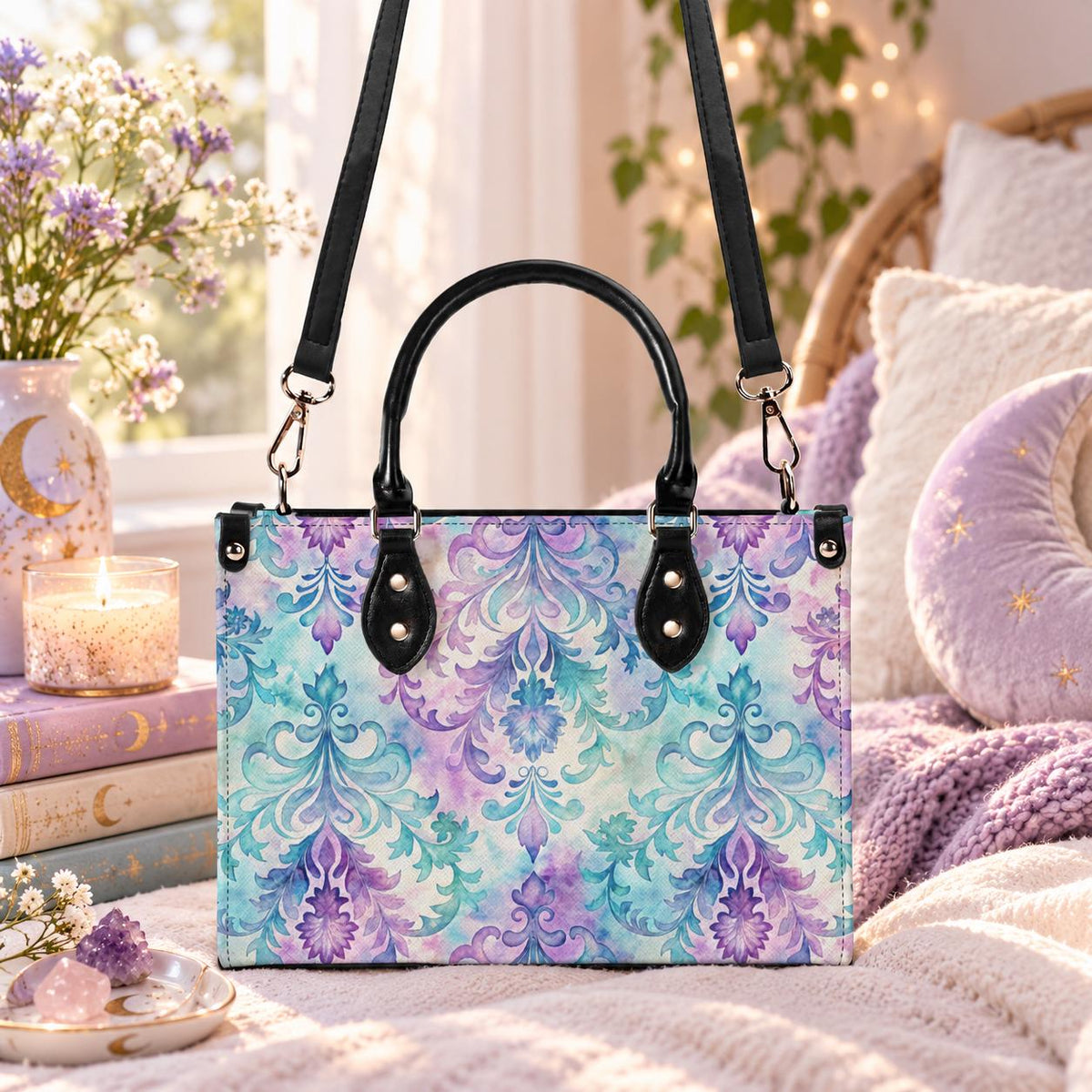Ornate Damask Bag, Pastel Lavender Turquoise Top Handle Crossbody Purse
