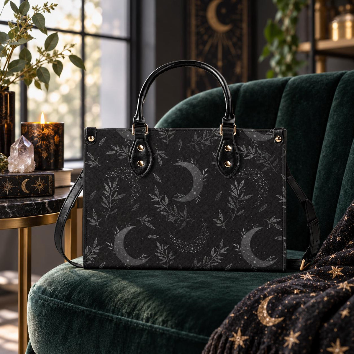 Crescent Moon Botanical Handbag, Black Leaf Print Crossbody Purse