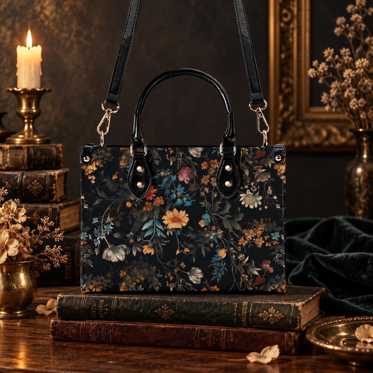 Wildflower Handbag, Dark Botanical Top Handle Crossbody Purse