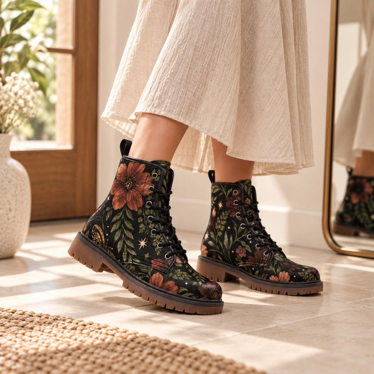 Floral Ankle Boots With Lace Up Front, Rust Blooms and Leafy Vines