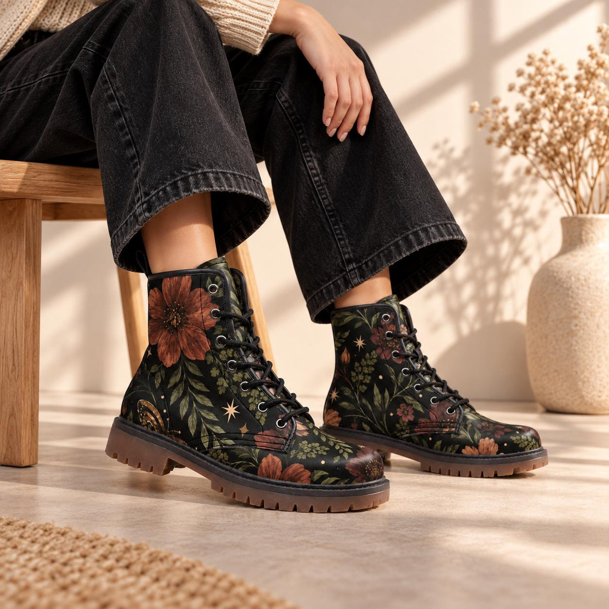 Floral Ankle Boots With Lace Up Front, Rust Blooms and Leafy Vines
