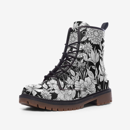 Black & White Flowers Vegan Leather Unisex Boots