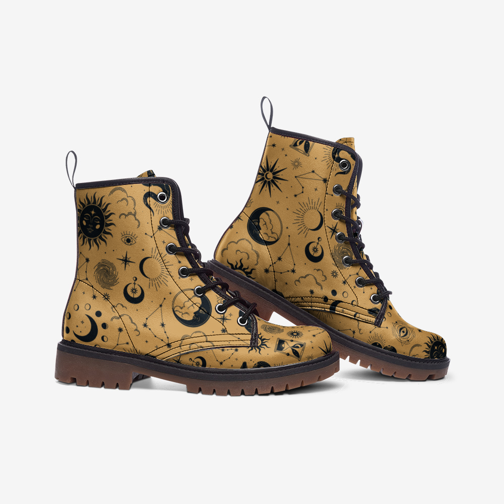 Celestial Moon & Stars Mustard Vegan Leather Unisex Boots