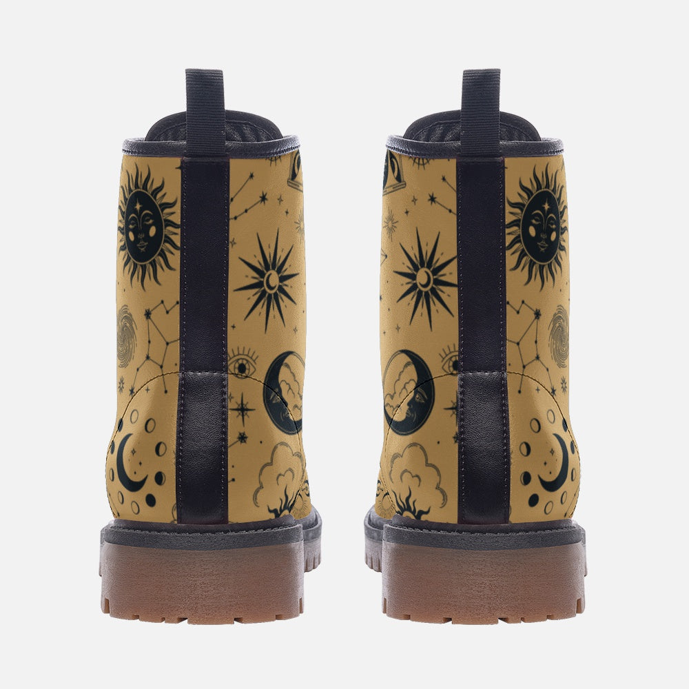 Celestial Moon & Stars Mustard Vegan Leather Unisex Boots