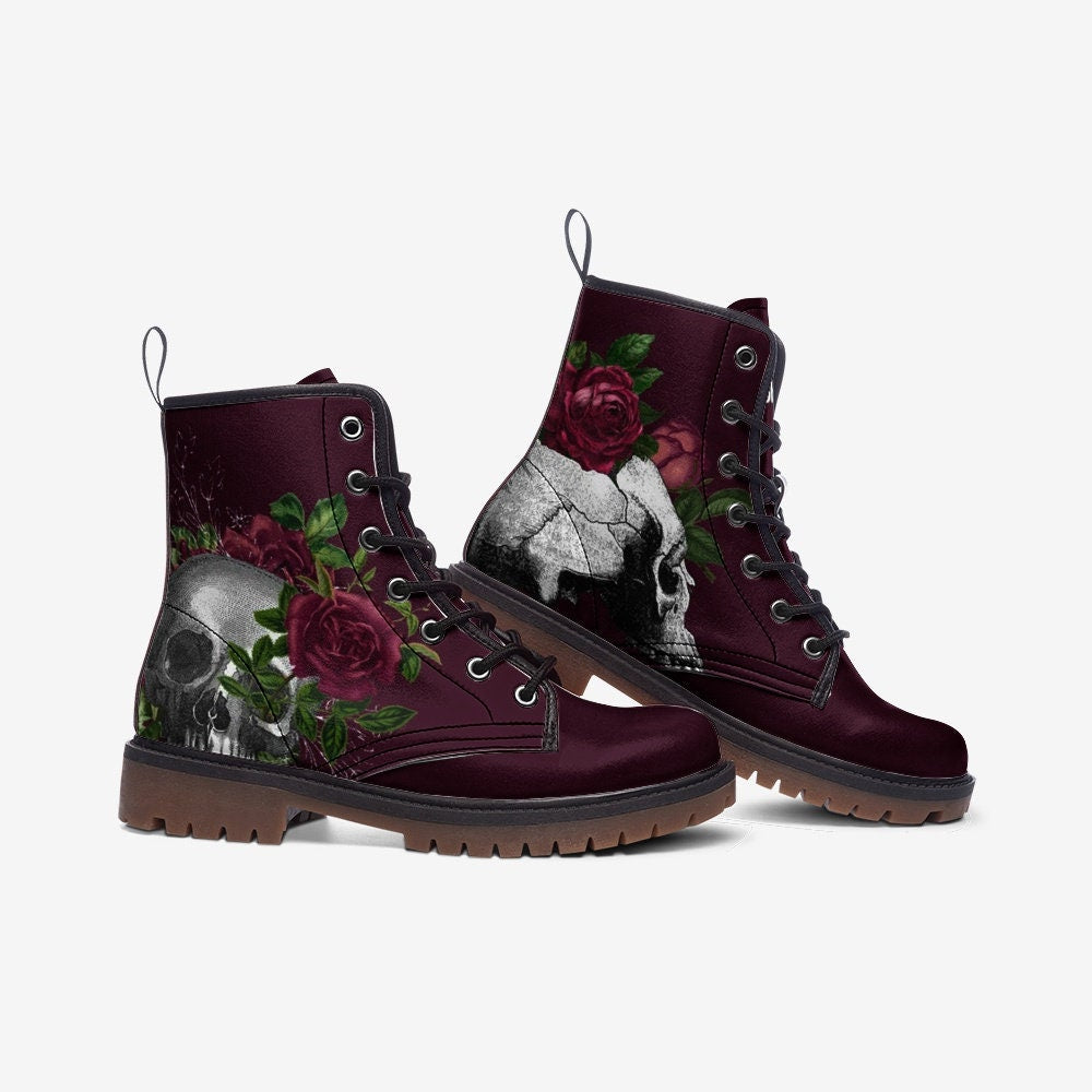 Skull & Roses Burgundy Vegan Leather Unisex Boots