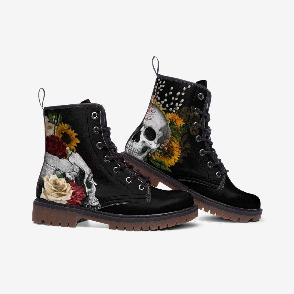 Goth Skull Roses Vegan Leather Unisex Boots